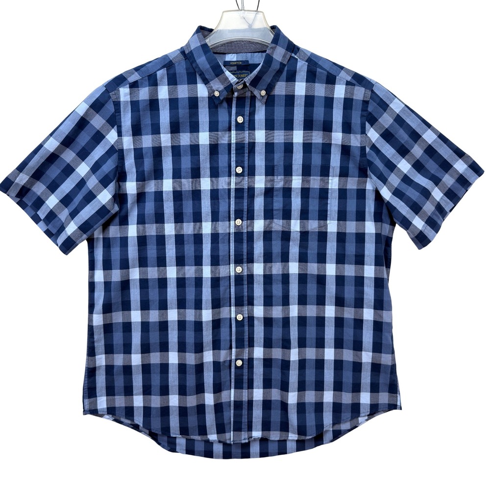 Mason James Shirt Mens L Stretch Button Down Short Sleeve Casual Classic Plaid
